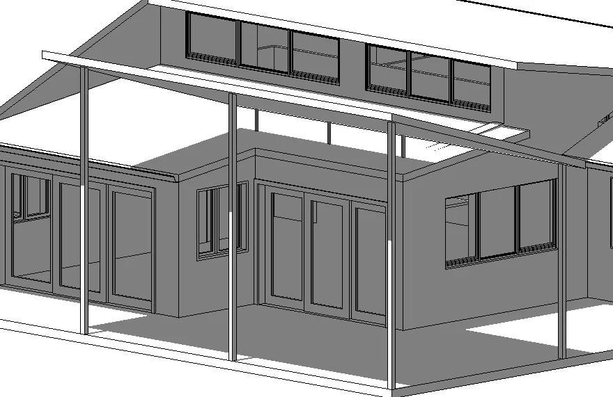 3D wireframe model of a covered outdoor extension with a sloped rafter roof
